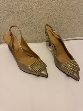 Sergio Rossi Metallic Gold Pointed Slingback Heels with Rhinestone Buckle